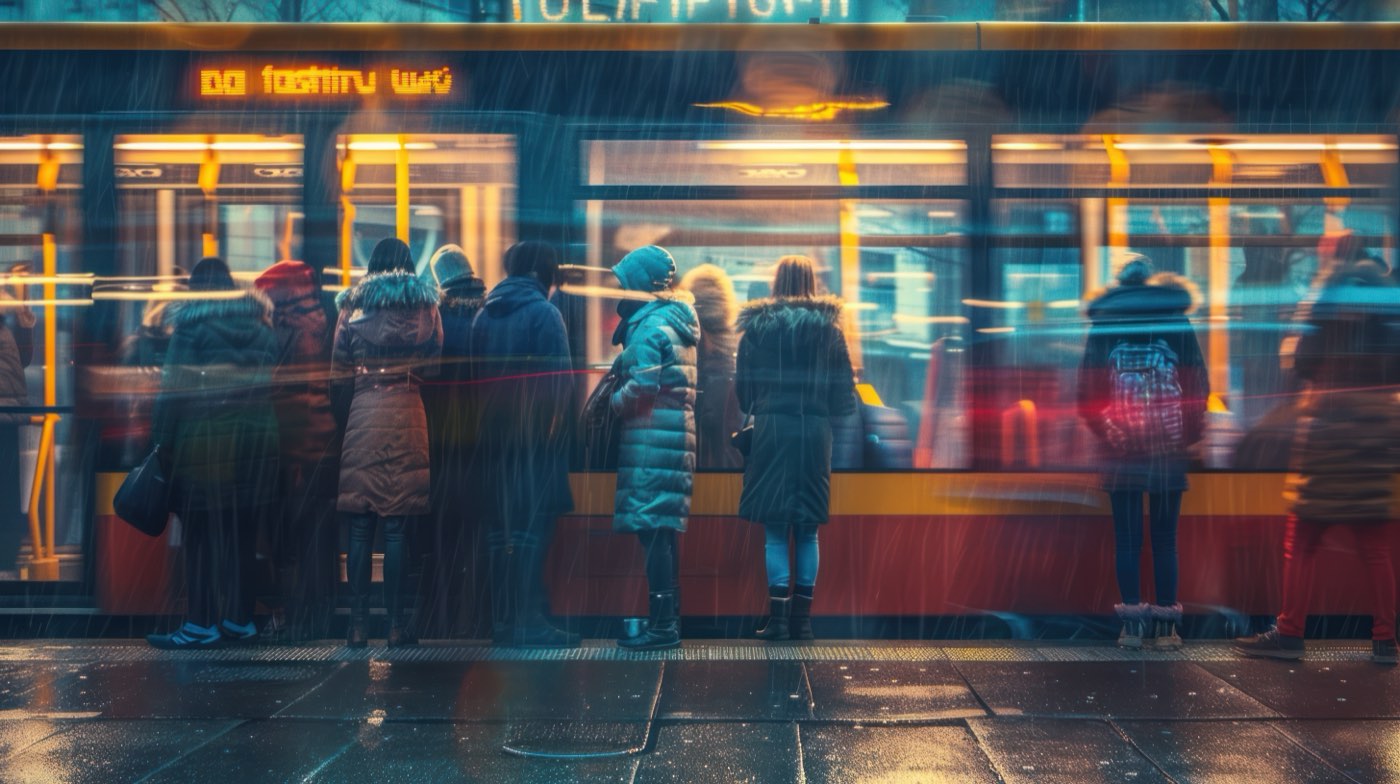 People waiting beside a bus in the rain