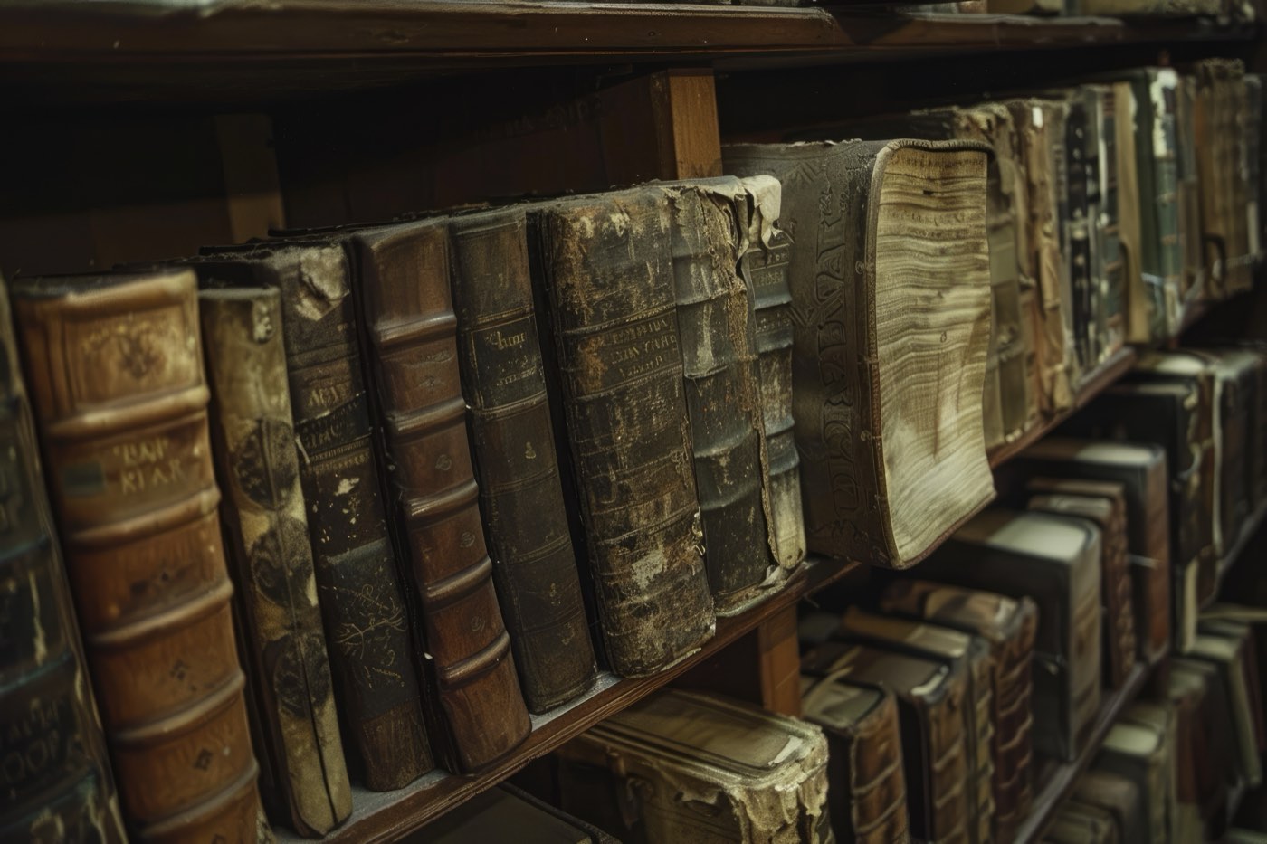 Rows of worn antique books on wooden shelves